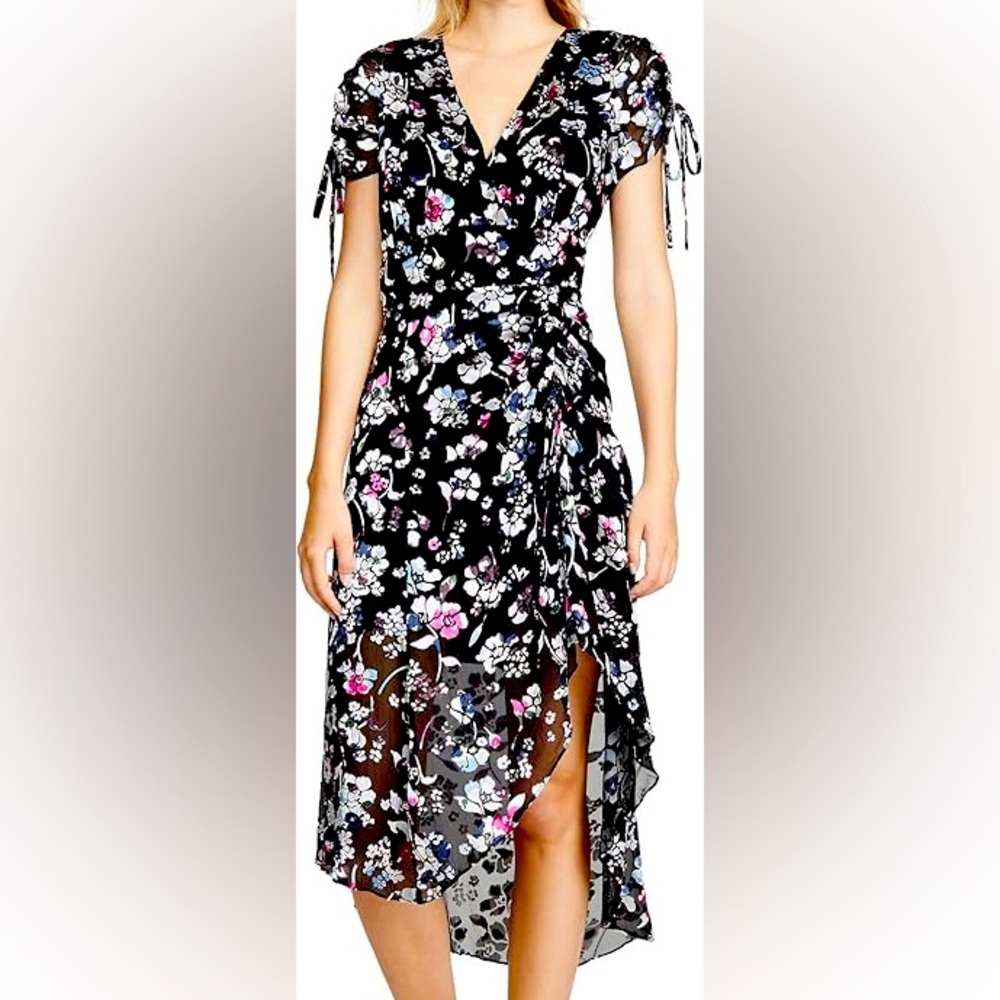 ❗️ NEW Parker Multi Color Cosmo High Low short sleeve midi dress size 6